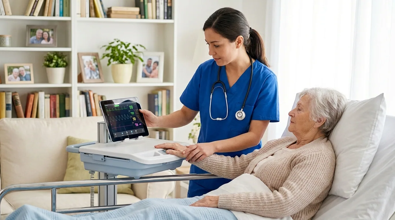 Nurse caring for a patient at home with a tablet