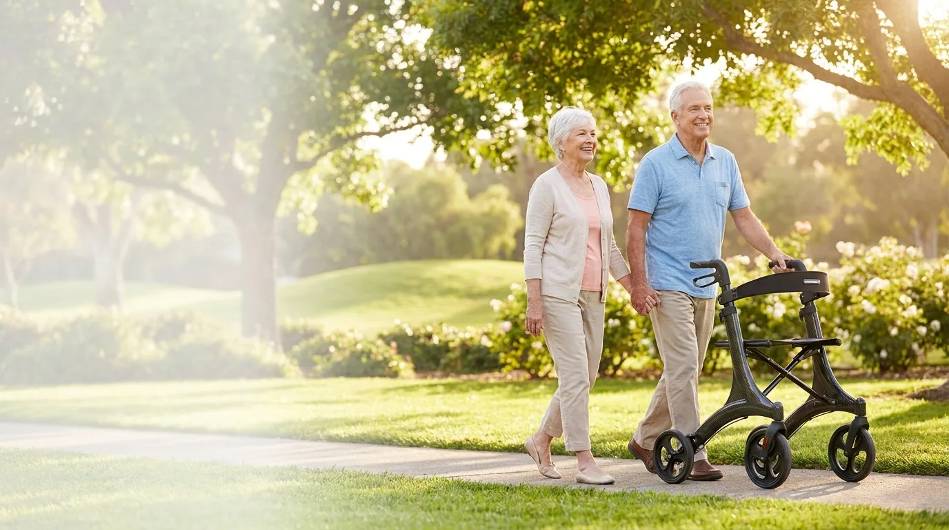 Older couple walking outdoors with a rented rollator