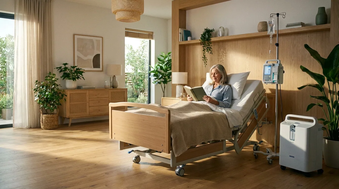 Patient resting in a home hospital bed with rented medical equipment