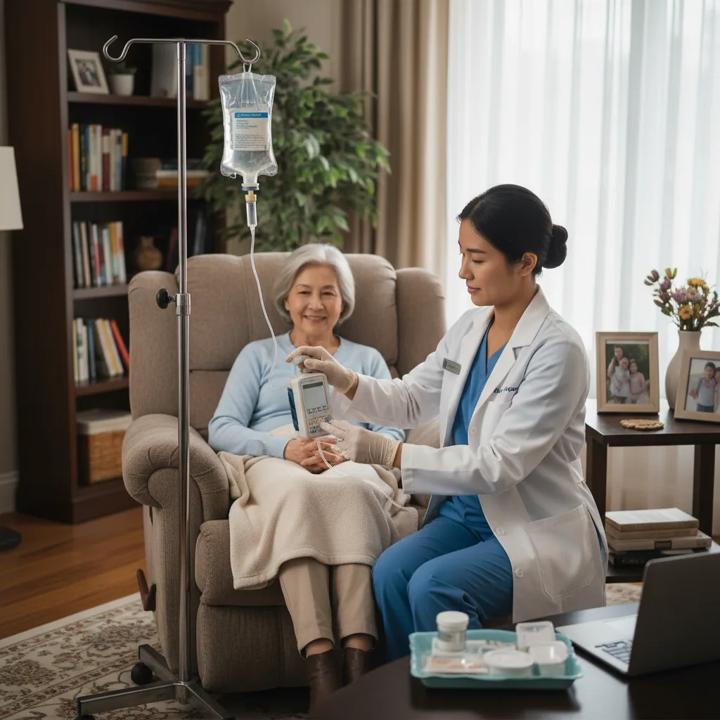 Clinician adjusting home infusion equipment for a patient